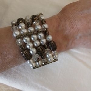 5 strand faux pearl, bronze and clear crystal stretch bracelet